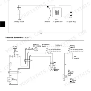 John Deere JS25, JS35, JS45 electrical schematics showing ignition coil, spark plug, battery, starting motor, and switches.