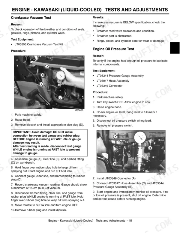 John Deere LX280, LX280AWS, LX289 Kawasaki engine crankcase vacuum and oil pressure test procedures and diagrams.