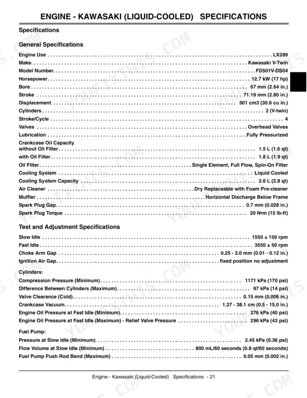 John Deere LX280, LX280AWS, LX289 Kawasaki liquid-cooled engine general specifications and test adjustment data table.