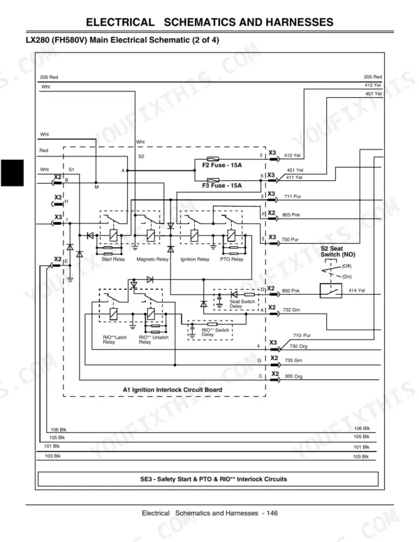 John Deere LX280, LX280AWS, LX289 electrical schematic showing A1 ignition interlock board, relays, and safety circuits.