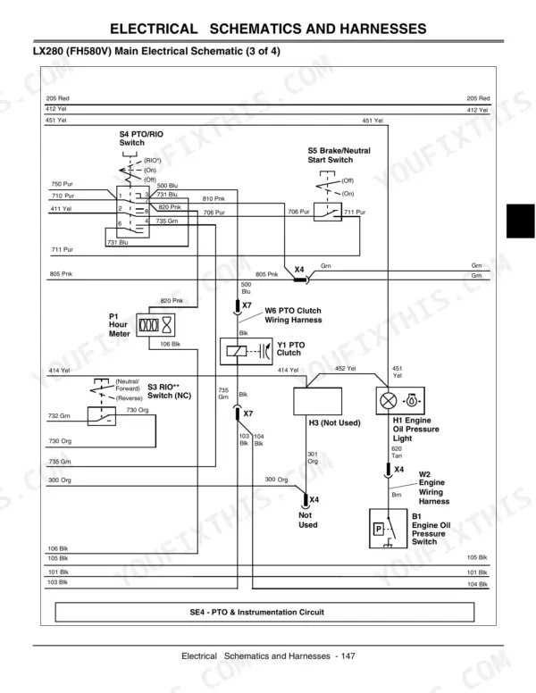 John Deere LX280, LX280AWS, LX289 main electrical schematic showing PTO, RIO, brake switch, hour meter, and oil pressure light circuits.