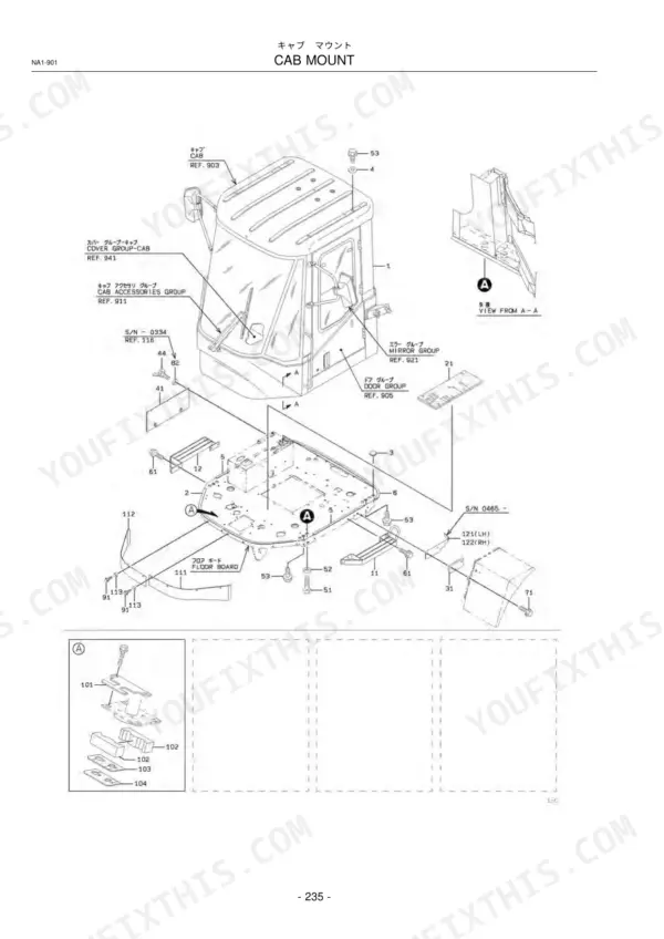 Kawasaki 50Z V exploded view diagram of cab mount assembly, floor board, and mounting hardware components.