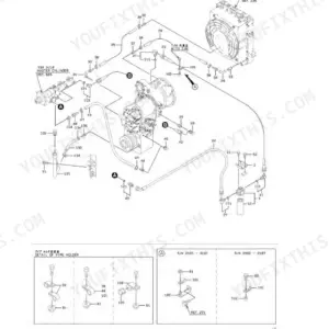 Kawasaki 50Z V transmission hydraulic line exploded view diagram showing master cylinder, radiator, and pipe holder details.