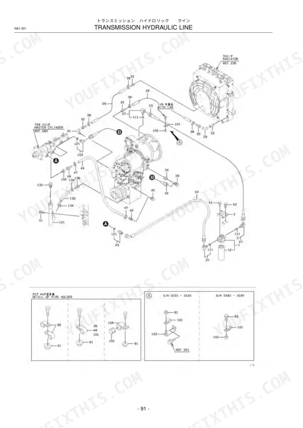 kawasaki-50z-v-wheel-loader-parts-catalog-93305-00153-hydraulic-parts-138.webp Kawasaki 50Z V transmission hydraulic line exploded view diagram showing master cylinder, radiator, and pipe holder details.