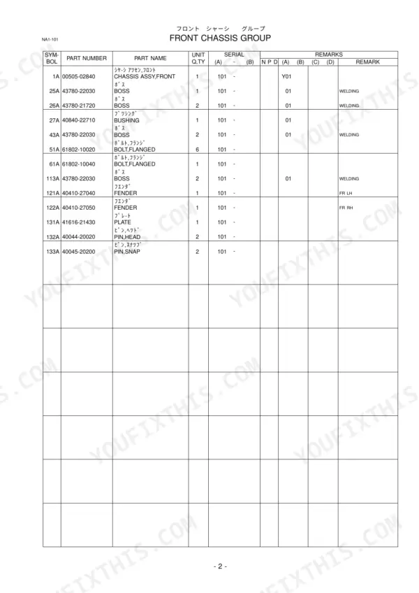 Kawasaki 50Z V parts list for front chassis group, including boss, bushing, fender, and flanged bolt part numbers.