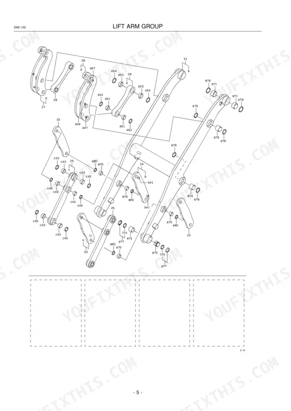 Kawasaki 65TMV-2 exploded view diagram of the lift arm group showing linkage components, bushings, and retaining rings.