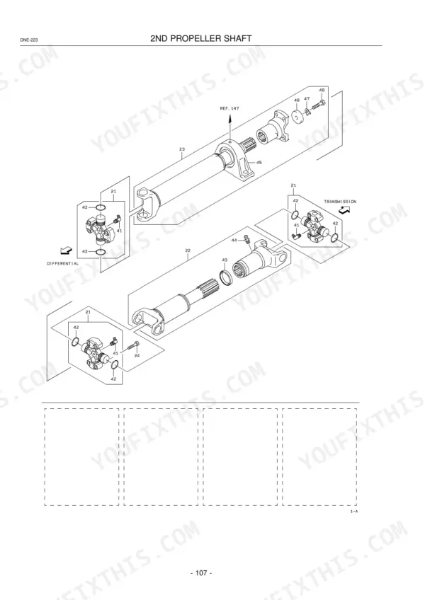 Kawasaki 65TMV-2 exploded view diagram of the 2nd propeller shaft assembly, including universal joints and drive shafts.