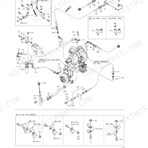 Kawasaki 65TMV-2 transmission hydraulic line exploded view showing case group, torque converter, and pipe holder details.