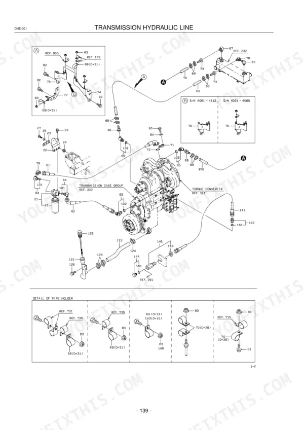 kawasaki-65tmv-2-wheel-loader-parts-catalog-93307-00443-hydraulic-parts-196.webp Kawasaki 65TMV-2 transmission hydraulic line exploded view showing case group, torque converter, and pipe holder details.
