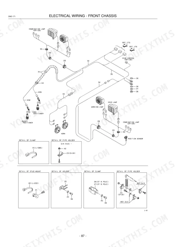 Kawasaki 65TMV-2 electrical wiring diagram for front chassis, lamps, horns, and sensor mounting hardware details.
