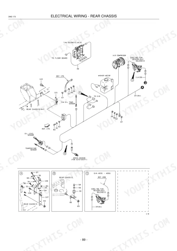 Kawasaki 65TMV-2 electrical wiring diagram for rear chassis, showing solenoid, air compressor, and sensor connections.