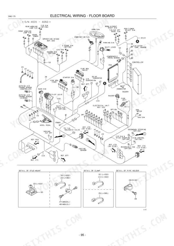 Kawasaki 65TMV-2 floor board electrical wiring diagram showing switches, fuse boxes, ECM, controller, and mounting hardware details.