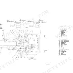 Kawasaki 65TMV-2 front axle assembly exploded view diagram with numbered parts list and detail views.