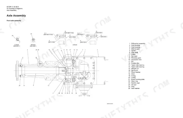 kawasaki-65tmv-2-wheel-loader-service-manual-exploded-view-2-1.webp Kawasaki 65TMV-2 front axle assembly exploded view diagram with numbered parts list and detail views.
