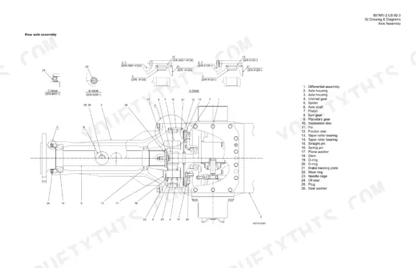 Kawasaki 65TMV-2 rear axle assembly exploded view diagram with numbered parts list and serial number details.