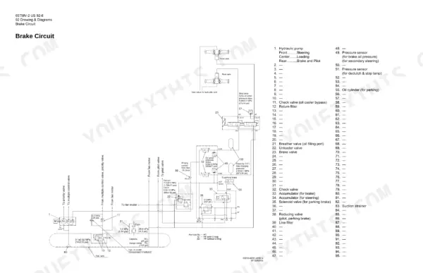 Kawasaki 65TMV-2 brake circuit hydraulic diagram showing accumulators, valves, and component list.