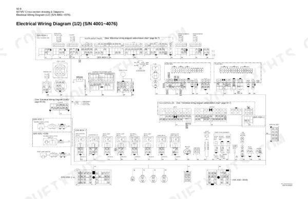 kawasaki-65tmv-wheel-loader-shop-manual-93207-00233-wiring-442.webp Kawasaki 65TMV electrical wiring diagram 1/2 showing instrument panel, fuse boxes, T/M controller, and relay connections.