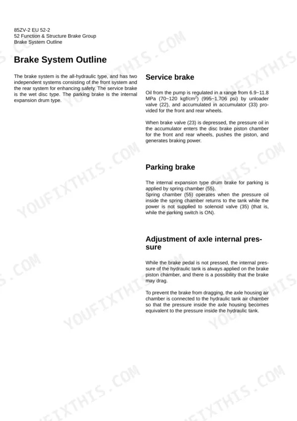 Kawasaki 85ZV-2 shop manual brake system outline describing the service brake, parking brake and axle internal pressure