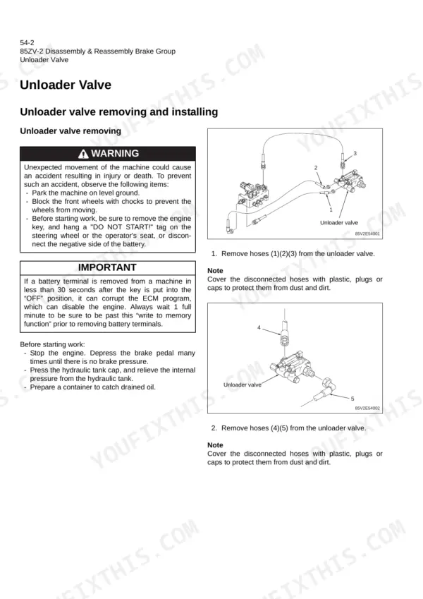 Kawasaki 85ZV-2 shop manual unloader valve removal procedure with hose disconnection illustrations