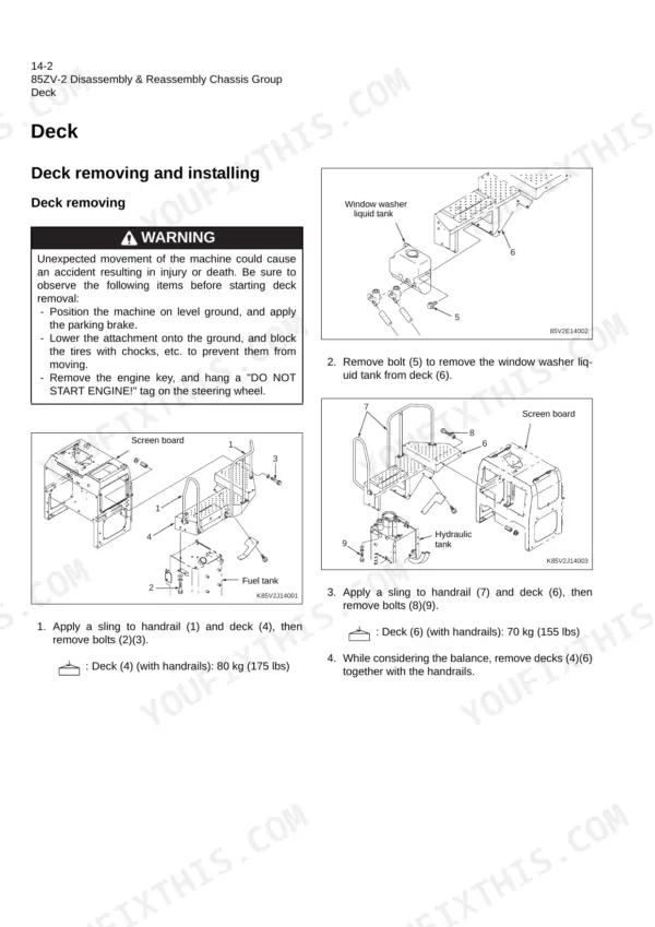 Kawasaki 85ZV-2 shop manual deck removal procedure with sling and bolt illustrations