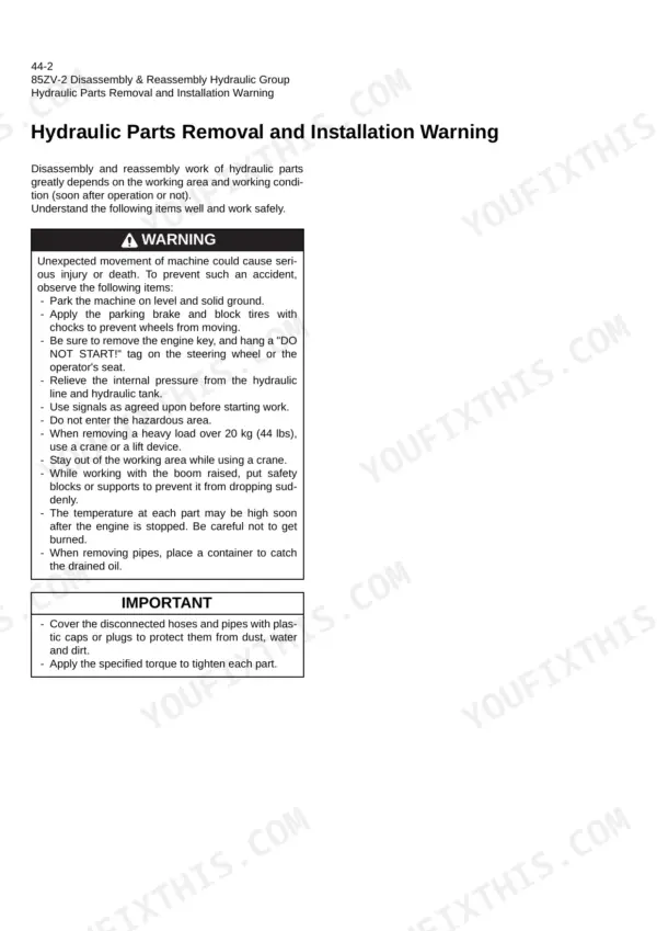 Kawasaki 85ZV-2 shop manual hydraulic parts removal and installation warnings