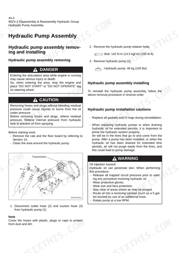 Kawasaki 90ZV-2 shop manual hydraulic pump assembly removing and installing procedure