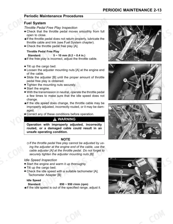Kawasaki KAF950-B1, KAF950-B2, MULE 3010 DIESEL throttle pedal free play adjustment and idle speed inspection procedures.