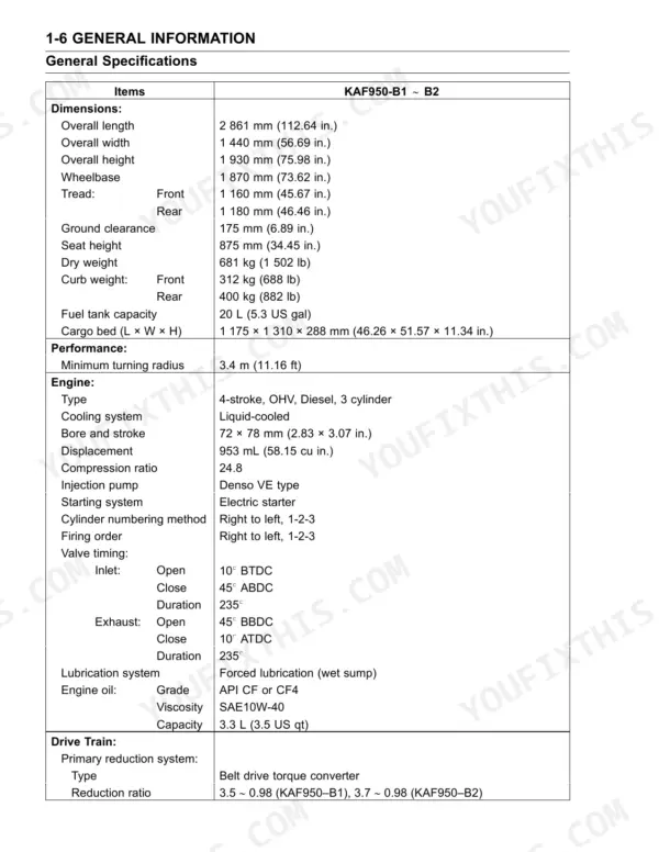 Kawasaki KAF950-B1, KAF950-B2, MULE 3010 DIESEL general specifications table including dimensions, engine, and drive train data.