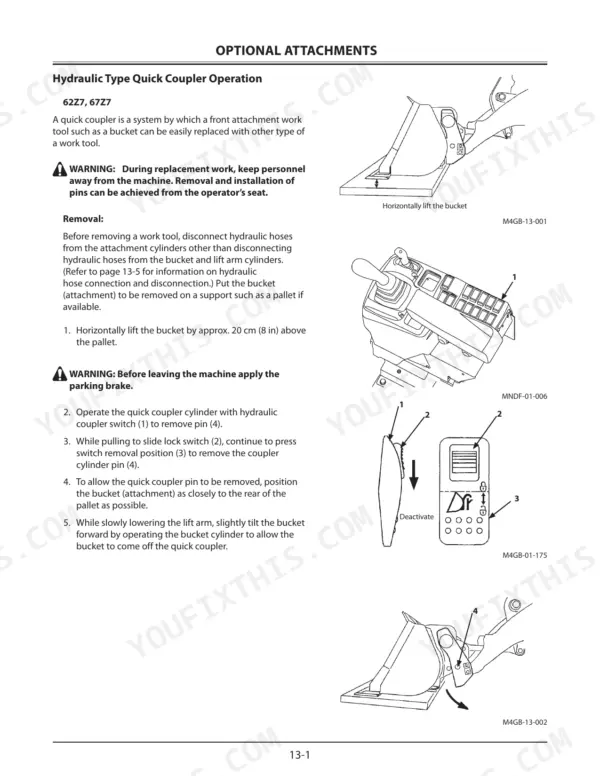 KCM 62Z7, 67Z7, 67TM7 hydraulic quick coupler removal procedure, bucket lift diagrams, and operator control switch operation.