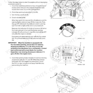 Kawasaki 62Z7, 67Z7, 67TM7 engine starting procedure, key switch, instrument panel indicators, and control lever diagrams.