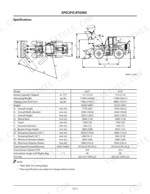 KCM 62Z7, 67Z7, 67TM7 wheel loader specifications table and dimensional diagram showing operating weight and dimensions.