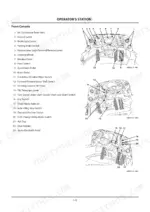 kcm-70z7-wheel-loader-operator-manual-93108-00723-controls-64.webp Kawasaki (KCM) 70Z7 operator station front console diagram showing switches, pedals, steering wheel, and control lever locations.