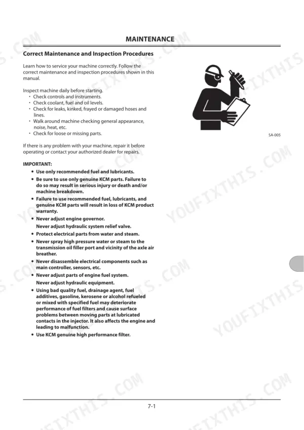 Kawasaki (KCM) 70Z7 maintenance manual page detailing daily inspection procedures and important service warnings for fuel and components.