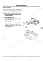 kcm-70z7-wheel-loader-operator-manual-93108-00723-operations-192.webp Kawasaki (KCM) 70Z7 manual page showing procedures for moving the machine, lift arm height diagram, and control lever lock switch location.