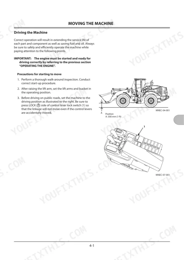 Kawasaki (KCM) 70Z7 manual page showing procedures for moving the machine, lift arm height diagram, and control lever lock switch location.