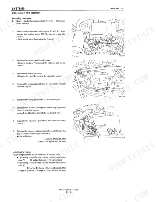 Kobelco SK025, SK030, SK035 engine removal and installation procedure with component diagrams and torque specifications.