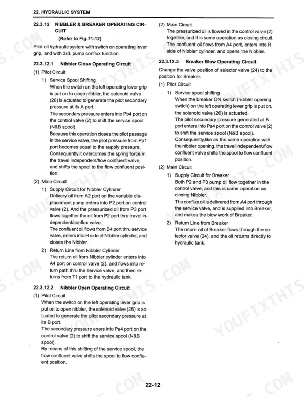 Kobelco SK27SR-3 hydraulic system manual describing nibbler and breaker operating circuits, pilot and main circuit functions.