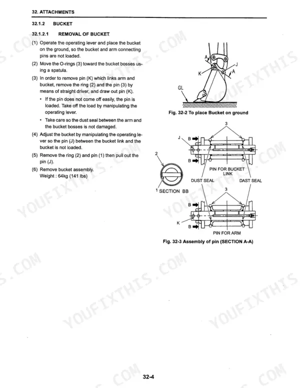 Kobelco SK27SR-3 bucket removal procedure, including diagrams for pin assembly, dust seals, and bucket link connection.