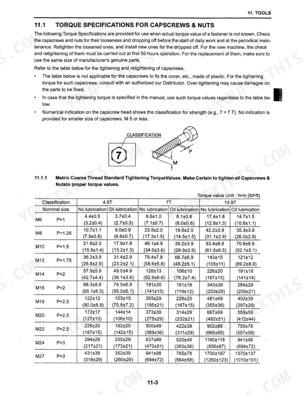 Kobelco SK27SR-3 torque specifications table for metric coarse thread capscrews and nuts, including lubrication values.