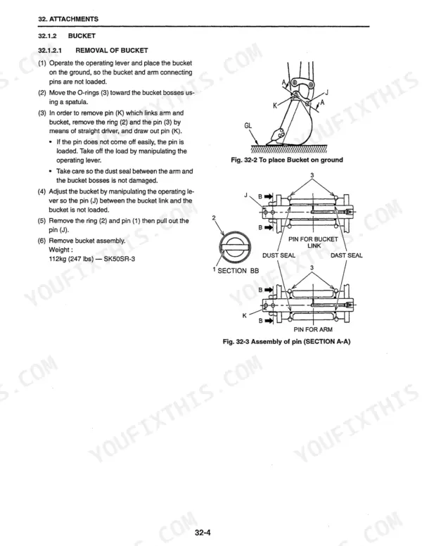 Kobelco SK50SR-3 bucket removal procedure with diagrams for pin assembly, dust seals, and bucket link connection points.