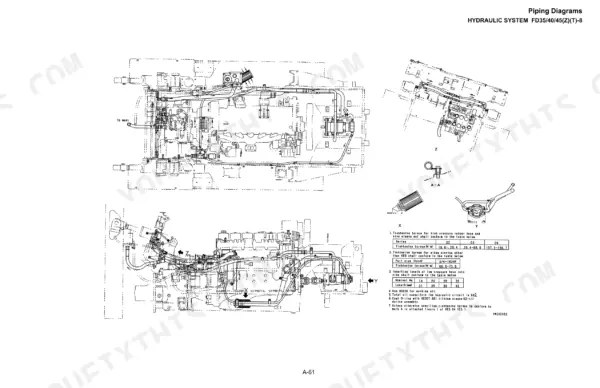 Komatsu FG35ST-8, FG35BCS-8, FG40ZT-8, FG40ZT2-8, FG40T-8, FG40T2-8, FG45T-8, FG45T2-8, FG45ST-8, FG45BCS-8, FG50AT2-8, FD40ZT-8, FD40ZT2-8, FD40T-8, FD40T2-8, FD45T-8, FD45T2-8, FD50AT2-8 hydraulic piping diagram and torque specifications.