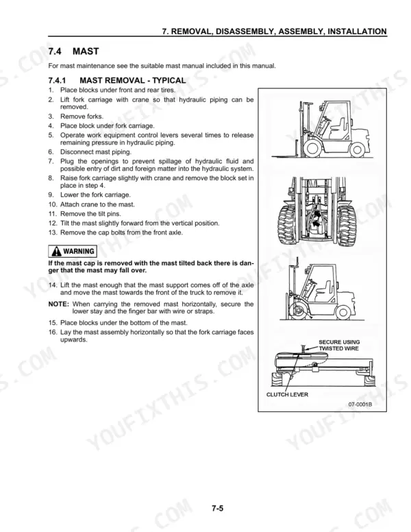 Komatsu FG35ST-8 to FD50AT2-8 mast removal procedure steps and diagrams showing forklift mast disassembly and securing.