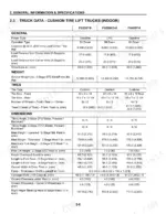 komatsu-fg35st-8-variants-forklift-truck-service-manual-sm202-specs-64.webp Komatsu FG35ST-8, FG35BCS-8, FG45ST-8 cushion tire lift truck general specifications table including weight, tire, and dimension data.