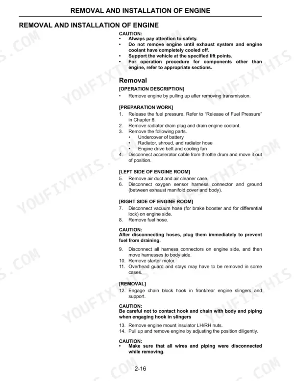 Komatsu K21, K25 engine removal and installation procedure steps, including preparation, disconnection, and lifting instructions.