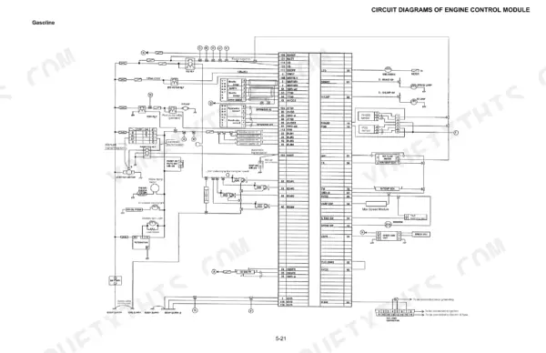komatsu-k21-k25-forklift-truck-engine-service-manual-sm301-wiring-153.webp Komatsu K21, K25 gasoline engine control module circuit diagram showing ECU pinouts, sensors, and ignition system wiring.