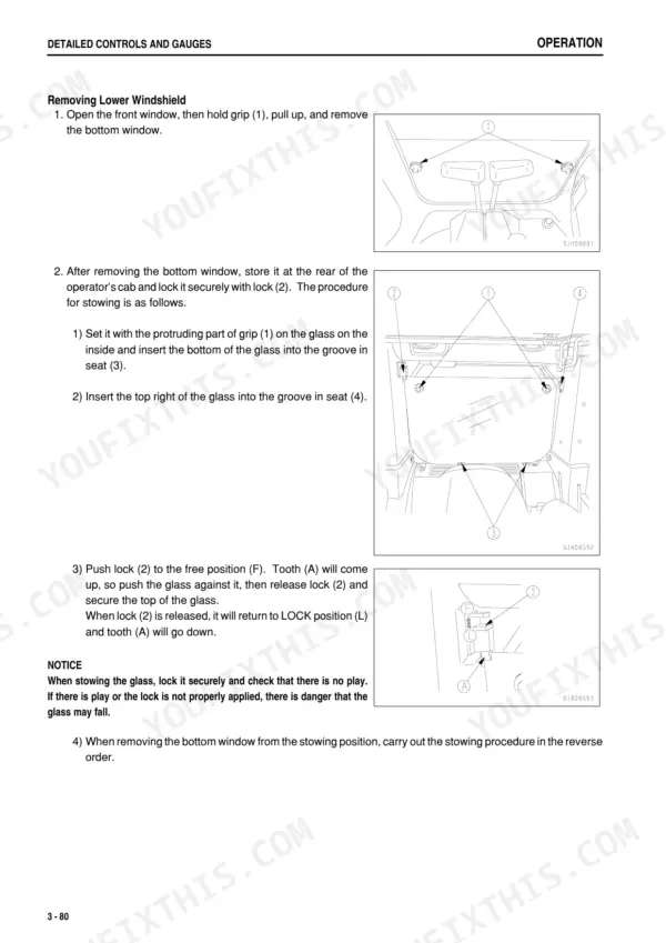 Komatsu PC88MR-8 operator manual procedure for removing and stowing the lower windshield glass in the operator cab.