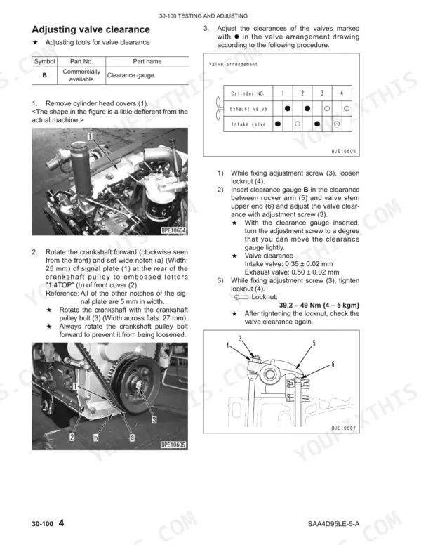 Komatsu SAA4D95LE-5-A valve clearance adjustment procedure, diagrams, and specifications.