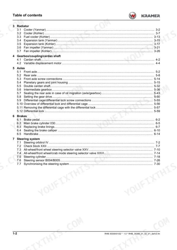 Kramer 5075/L, 5085/L, 5095/L table of contents for radiator, axles, brakes