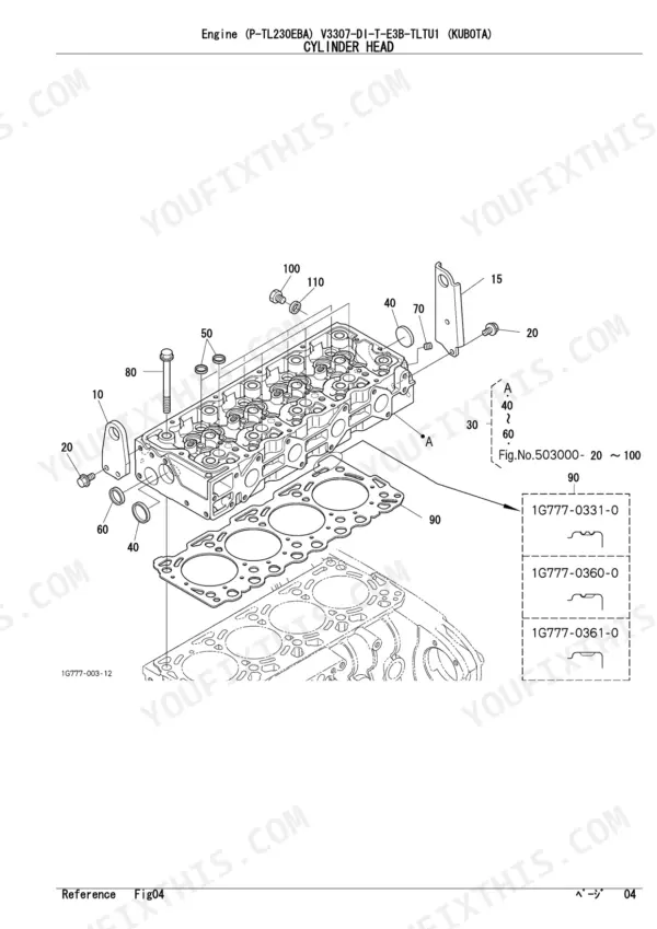 Kubota V3307-DI-T-E3B-TLTU1 cylinder head exploded view diagram showing head gasket, bolts, and mounting components.