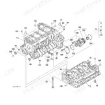 Kubota V3307-DI-T-E3B-TLTU1 engine crank case exploded view diagram showing cylinder block, bolts, and internal components.